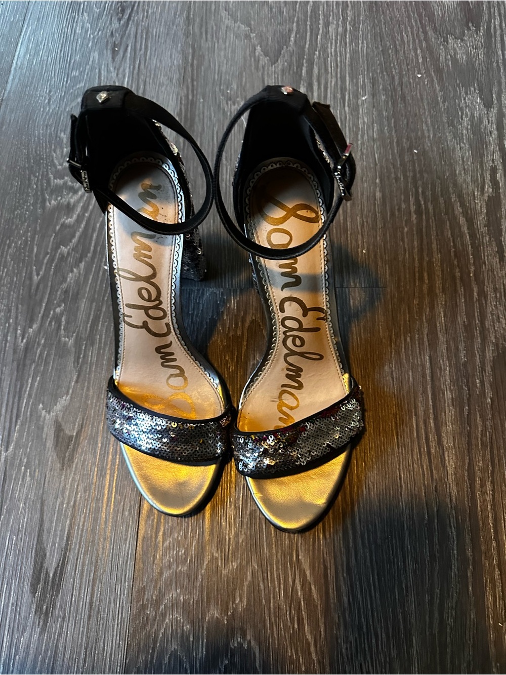Sam Edelman Black Sequin Ankle-Strap Heels